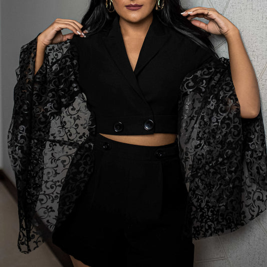 Buy women black double breasted cropped blazer set elevated with black net