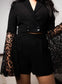 Buy black double breasted cropped blazer set elevated with black net